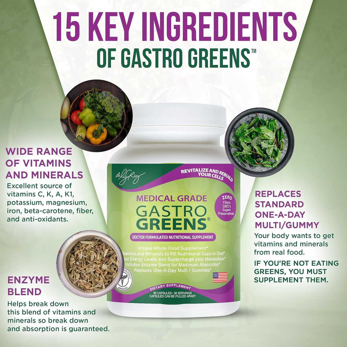 Dr. Liz Cruz Gastro Greens - Greens Supplement, Food Supplement with Herbs, Non-GM, Wholefood Based, 90 Vegetable Capsules - görsel 4