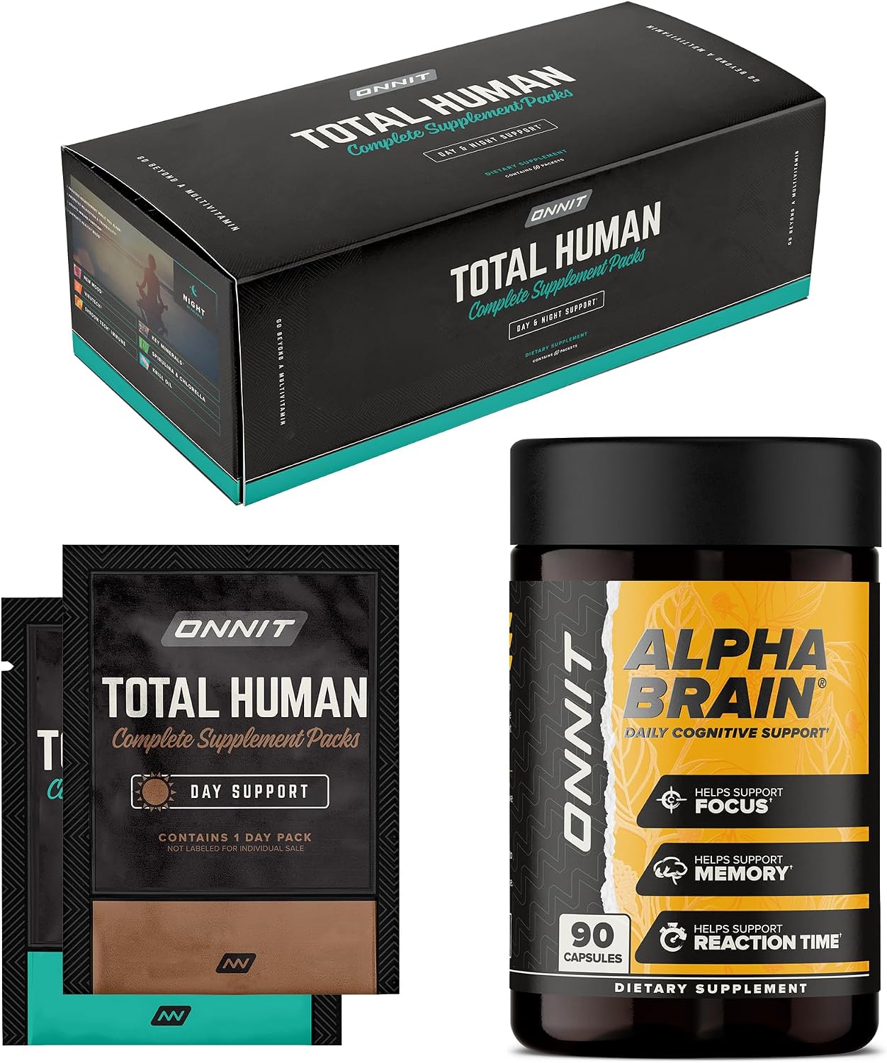 ONNIT Daily Performance & Wellness Bundle: Alpha Brain Nootropic Capsules (90 Count) + Total Human Day & Night Packs (30-Day Supply) - görsel 1