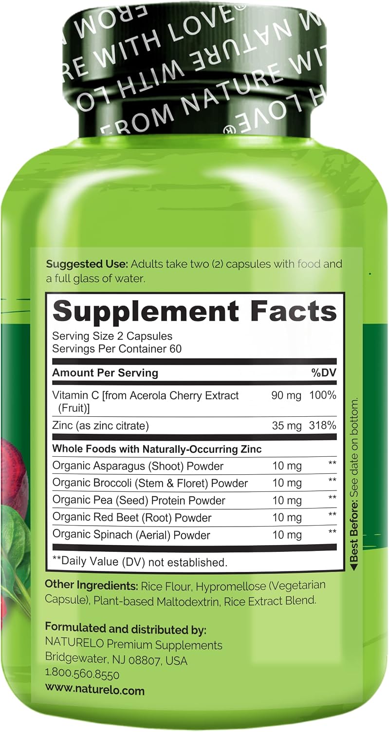 NATURELO Vegan Zinc Immune Support Capsules - Whole Food Complex with Vitamin C for Healthy Skin, Hair and Nails - görsel 7