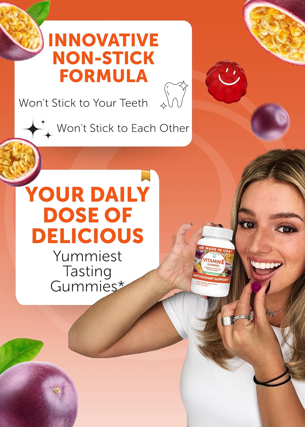 Lunakai Vitamin E 400 IU Gummies with Vitamin C 50mg, for Immune & Skin Support - d-Alpha-Tocopherol for Adults, Vegan, Non-GM, 60 Daily Gummies - görsel 3