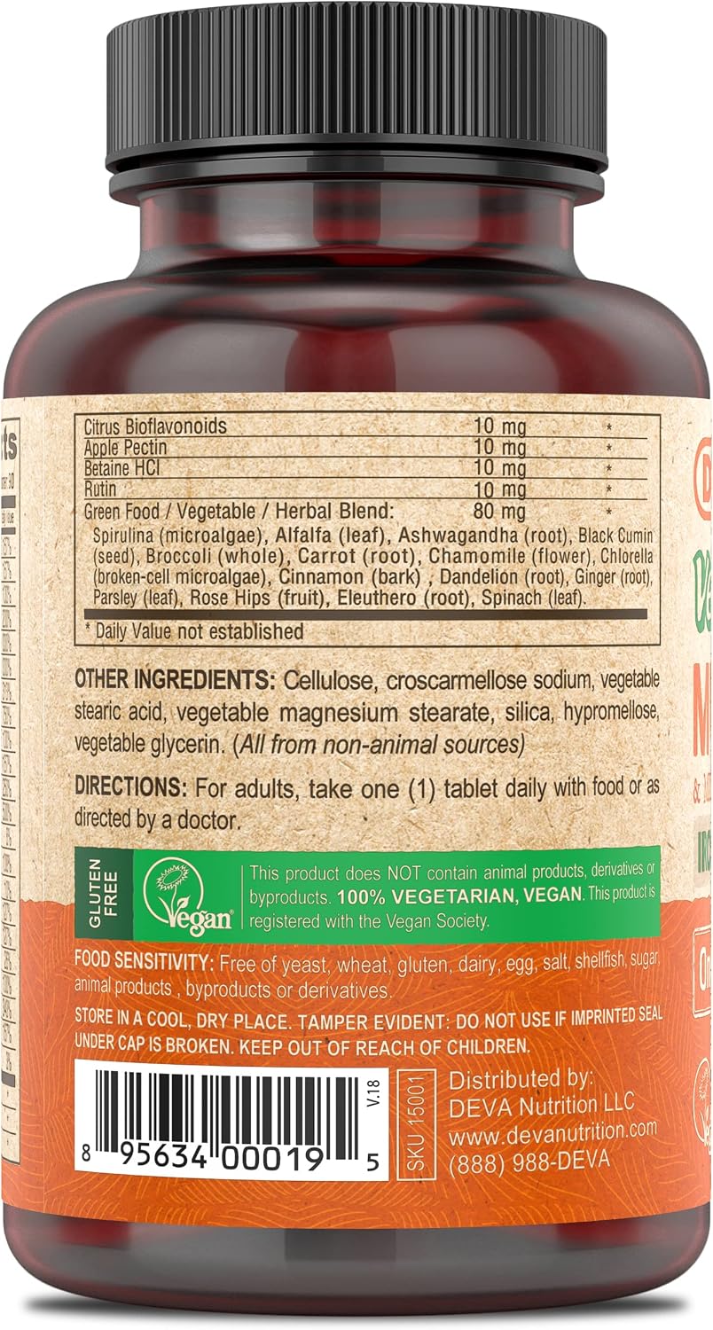 DEVA Vegan Iron-Free Multivitamin & Mineral Supplement with Green Food Blend - 90 Coated Tablets - görsel 3