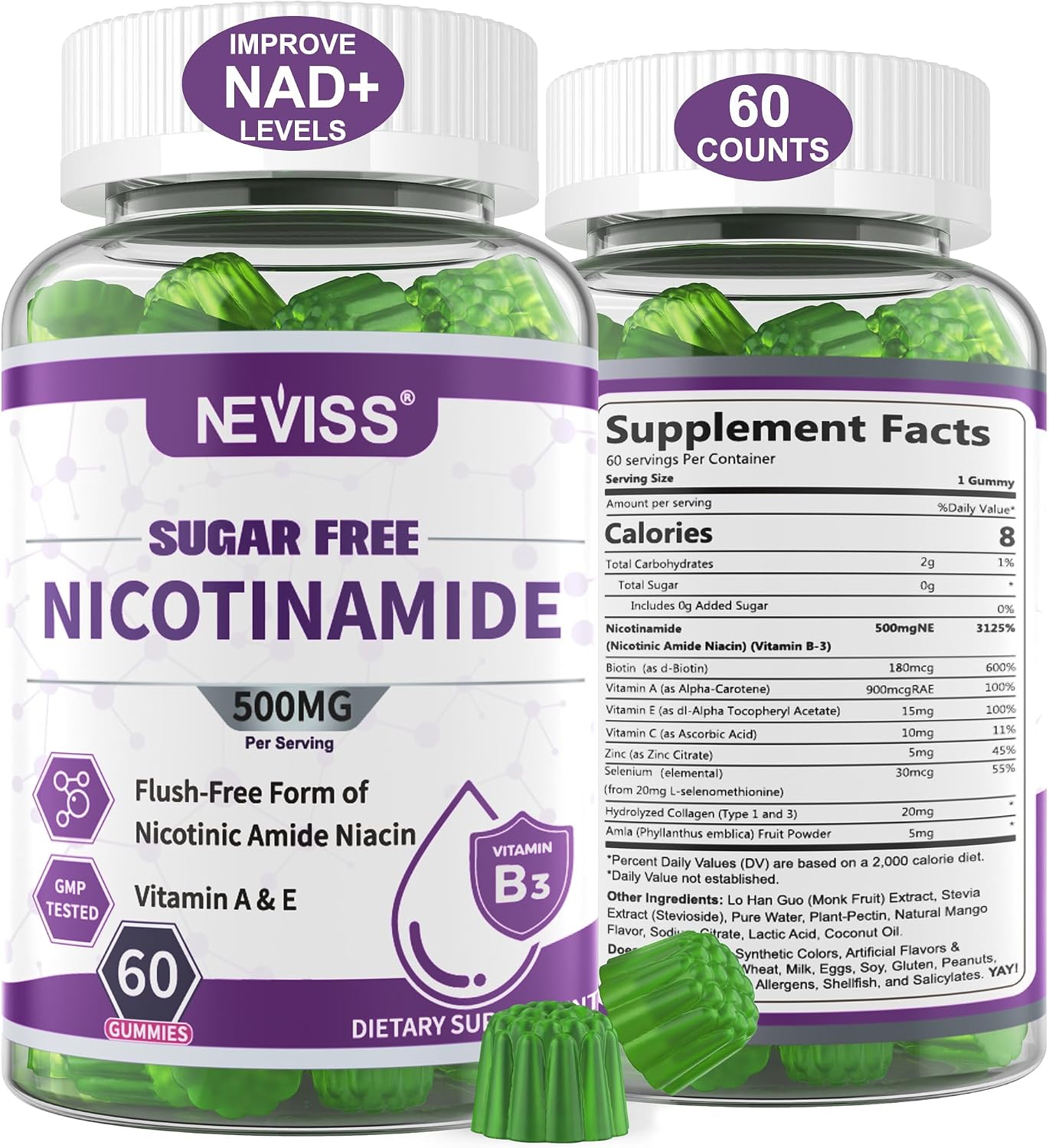 Nicotinamide 500mg Gummies – Flush-Free Vitamin B3 (Niacinamide) Supplement, Sugar-Free, 60 Gummies - görsel 1