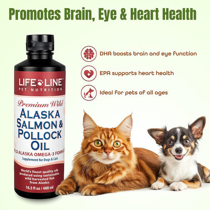 Life Line Pet Nutrition Wild Alaska Salmon & Pollock Oil – Omega 3 Supplement for Dogs and Cats in All Life Stages, 488 ml