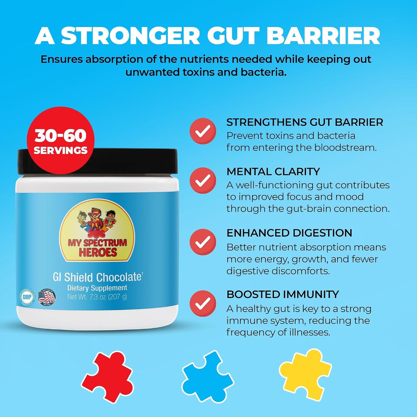 My Spectrum Heroes GI Shield Supplement – Supports Gut Barrier Health & Integrity, Brain-Gut Connection – Chocolate, 30 Servings - görsel 2