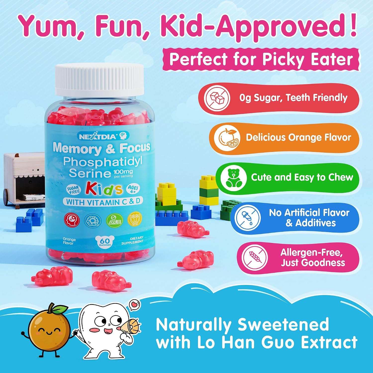 Phosphatidylserine Supplement 100mg, Focus Gummies for Children and Teens + Vitamin C & D3 400IU, Sugar Free, Vegan, Gluten-free, Non-GMO (60 Count) - görsel 6