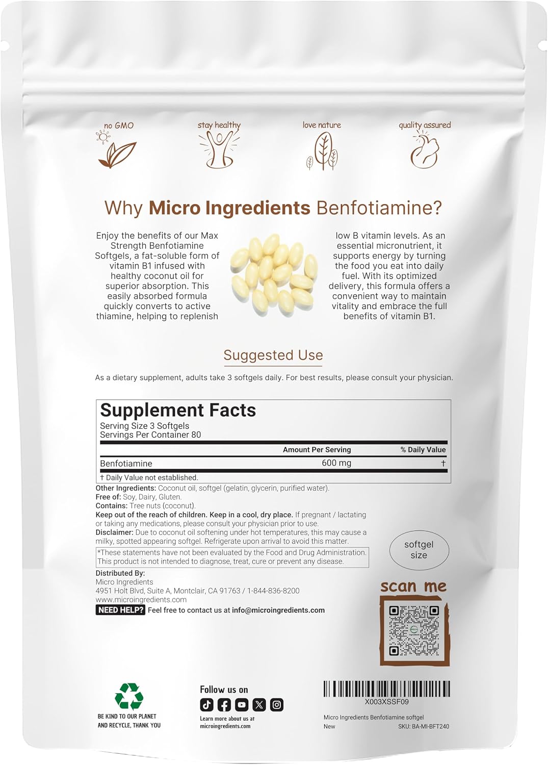 Vitamin B1 Benfotiamine 600mg per Serving, 240 Coconut Oil Softgels | Bio-available B Vitamins Supplement, Converted to Active Thiamine | Non-GMO, Soya-free - görsel 2