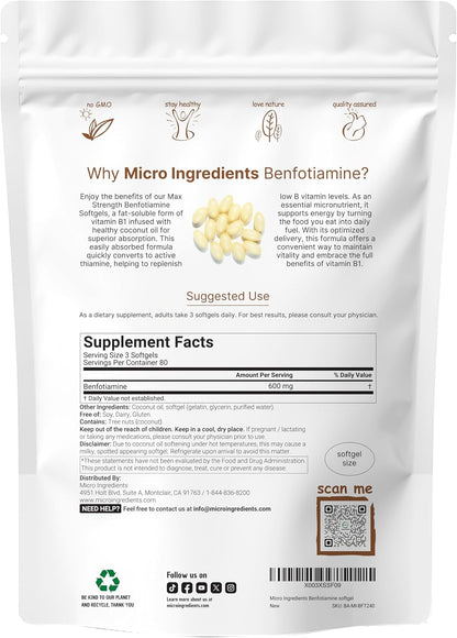Vitamin B1 Benfotiamine 600mg per Serving, 240 Coconut Oil Softgels | Bio-available B Vitamins Supplement, Converted to Active Thiamine | Non-GMO, Soya-free
