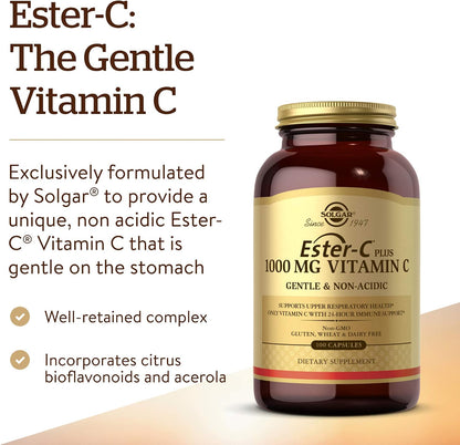 Solgar Ester-C Plus 1000 mg Vitamin C with Citrus Bioflavonoids - 100 Capsules - Gentle & Non-Acidic - Sustained Immune System Support