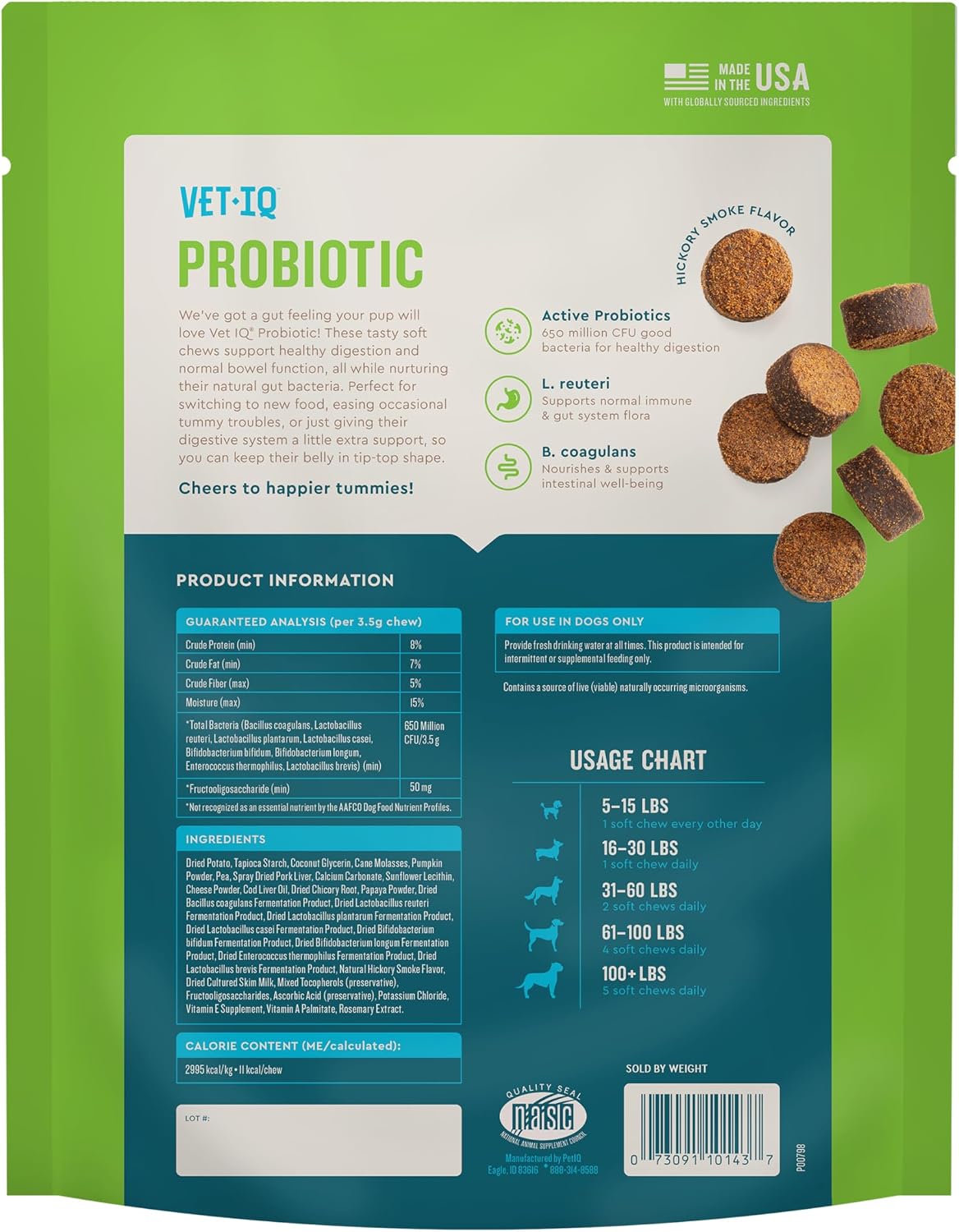 VetIQ Probiotic Supplement for Dogs, Digestive Support for Dogs, Nourishes Gut Bacteria and Supports Bowel Function, Hickory Smoke Flavour, Made in the USA, 180 Count - görsel 7