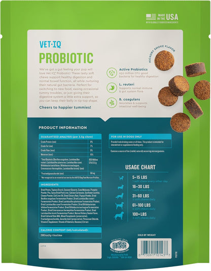 VetIQ Probiotic Supplement for Dogs, Digestive Support for Dogs, Nourishes Gut Bacteria and Supports Bowel Function, Hickory Smoke Flavour, Made in the USA, 180 Count