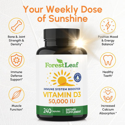 ForestLeaf Vitamin D3 50,000 IU Weekly Supplement – High Potency, 240 Capsules