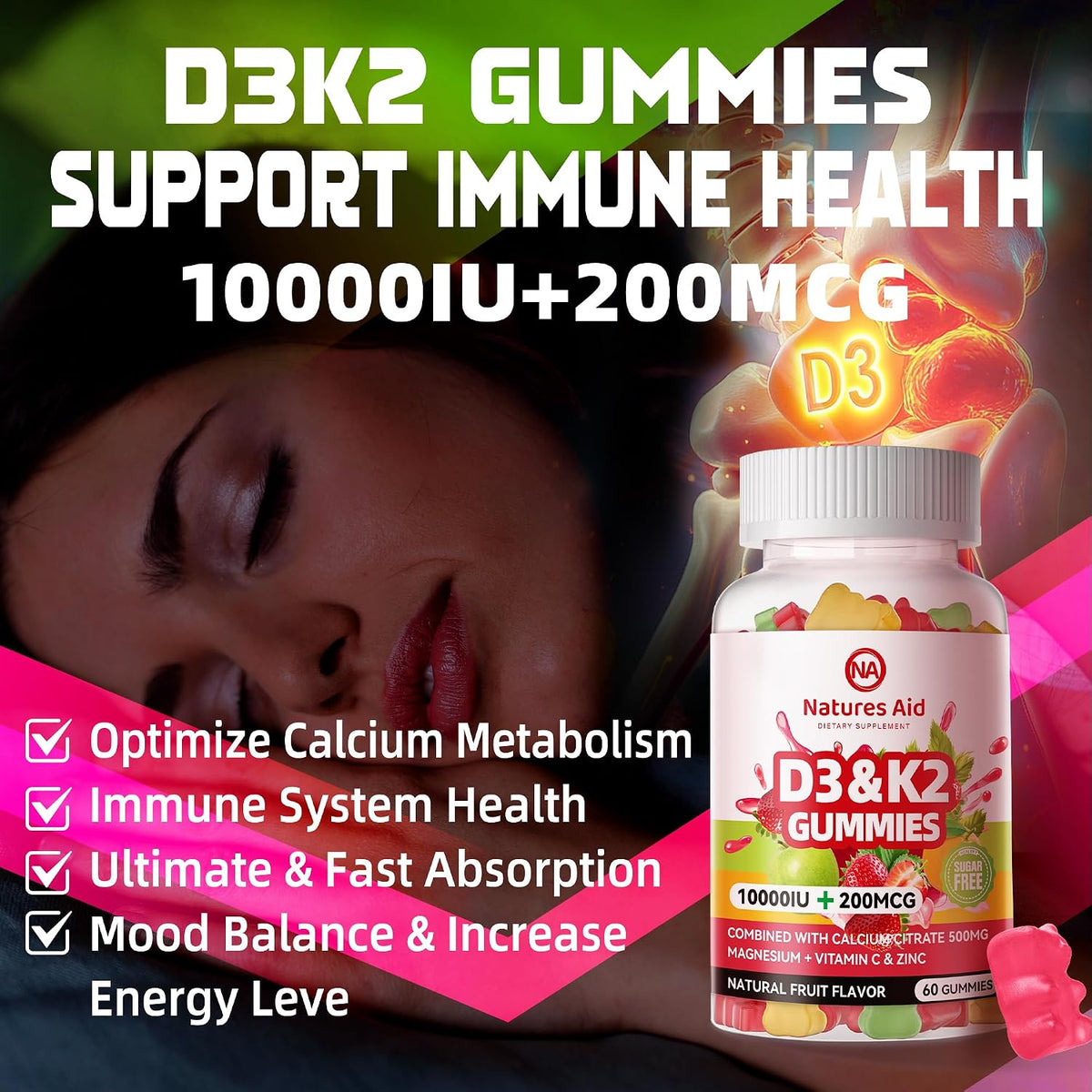 Natures Aid Sugar-Free Vitamin D3 K2 Gummies with Calcium, Magnesium, Vitamin C & Zinc, Extra Strength - 120 Gummies - görsel 5