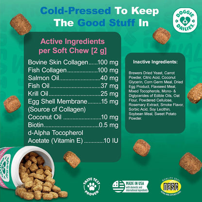 Doggie Dailies Skin & Coat Supplement for Dogs – Salmon Oil with Collagen, 225 Soft Chews