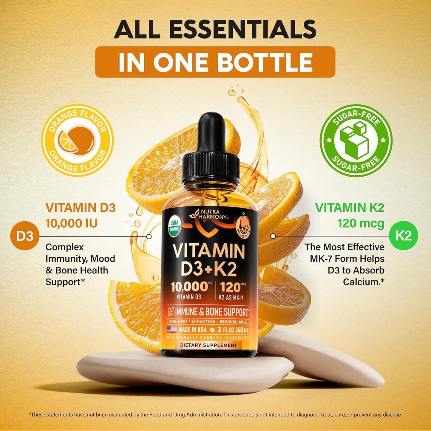 NUTRAHARMONY Vitamin D3 K2 USDA Organic Drops - 10,000 IU D3 & 120 µg MK-7 - Immune & Bone Support - Sugar-Free Orange Flavour - 60 ml - görsel 6