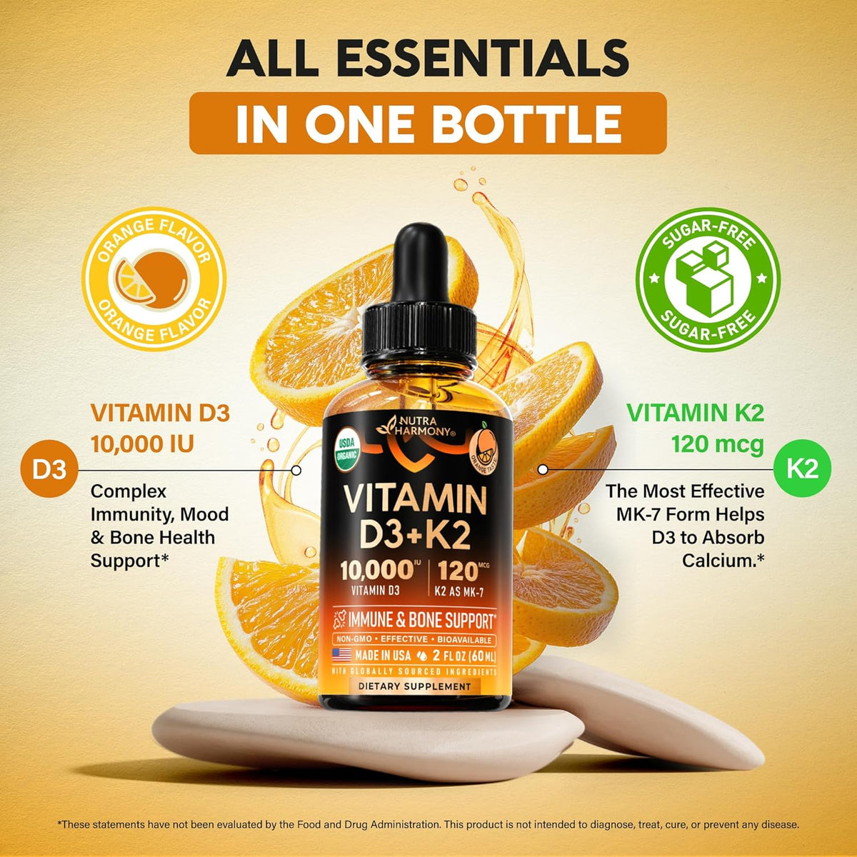 NUTRAHARMONY Vitamin D3 K2 USDA Organic Drops - 10,000 IU D3 & 120 µg MK-7 - Immune & Bone Support - Sugar-Free Orange Flavour - 60 ml - görsel 6
