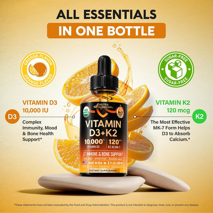 NUTRAHARMONY Vitamin D3 K2 USDA Organic Drops - 10,000 IU D3 & 120 µg MK-7 - Immune & Bone Support - Sugar-Free Orange Flavour - 60 ml