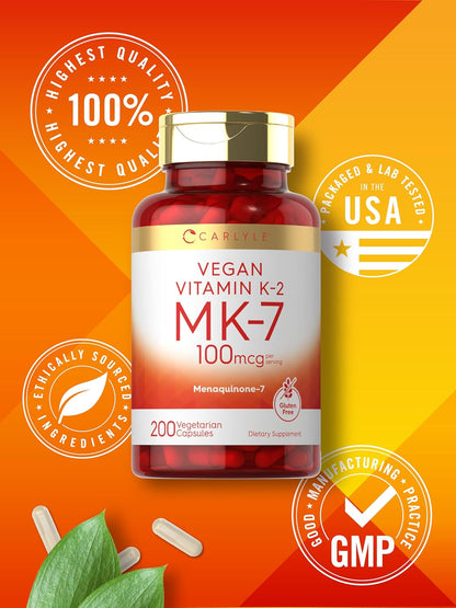 Carlyle MK-7 Vitamin K2 100 mcg | 200 Capsules | Vegan, Non-GMO & Gluten-free Food Supplement