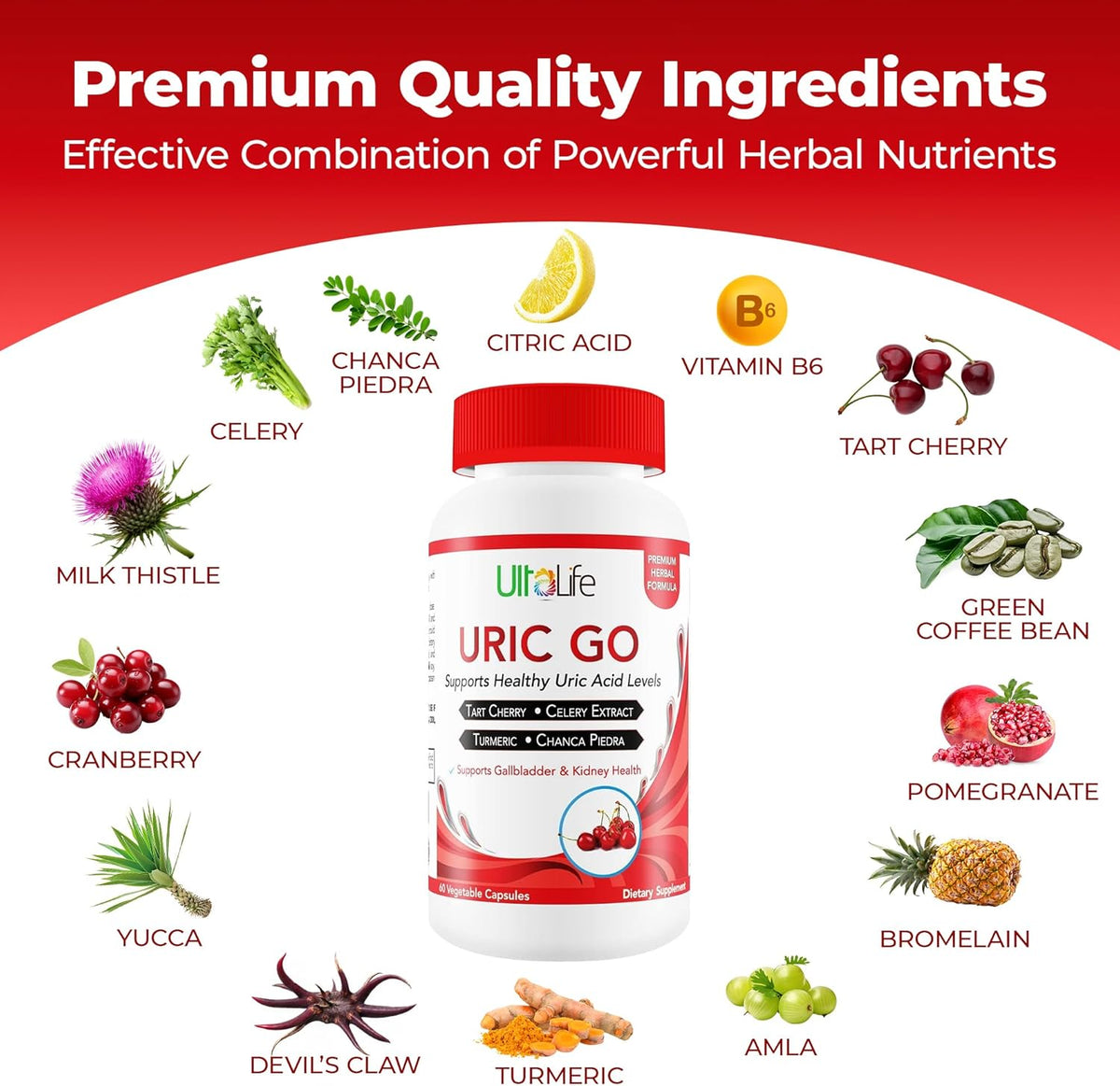 ULTALIFE URIC GO Uric Acid Support Supplement with Chanca Piedra and Tart Cherry - 60 Capsules - görsel 3