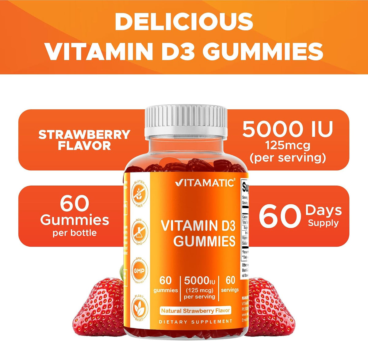 Vitamatic Vitamin D3 Gummies – 5000 IU – 120 Count (Pack of 2) – Strawberry Flavour - görsel 5
