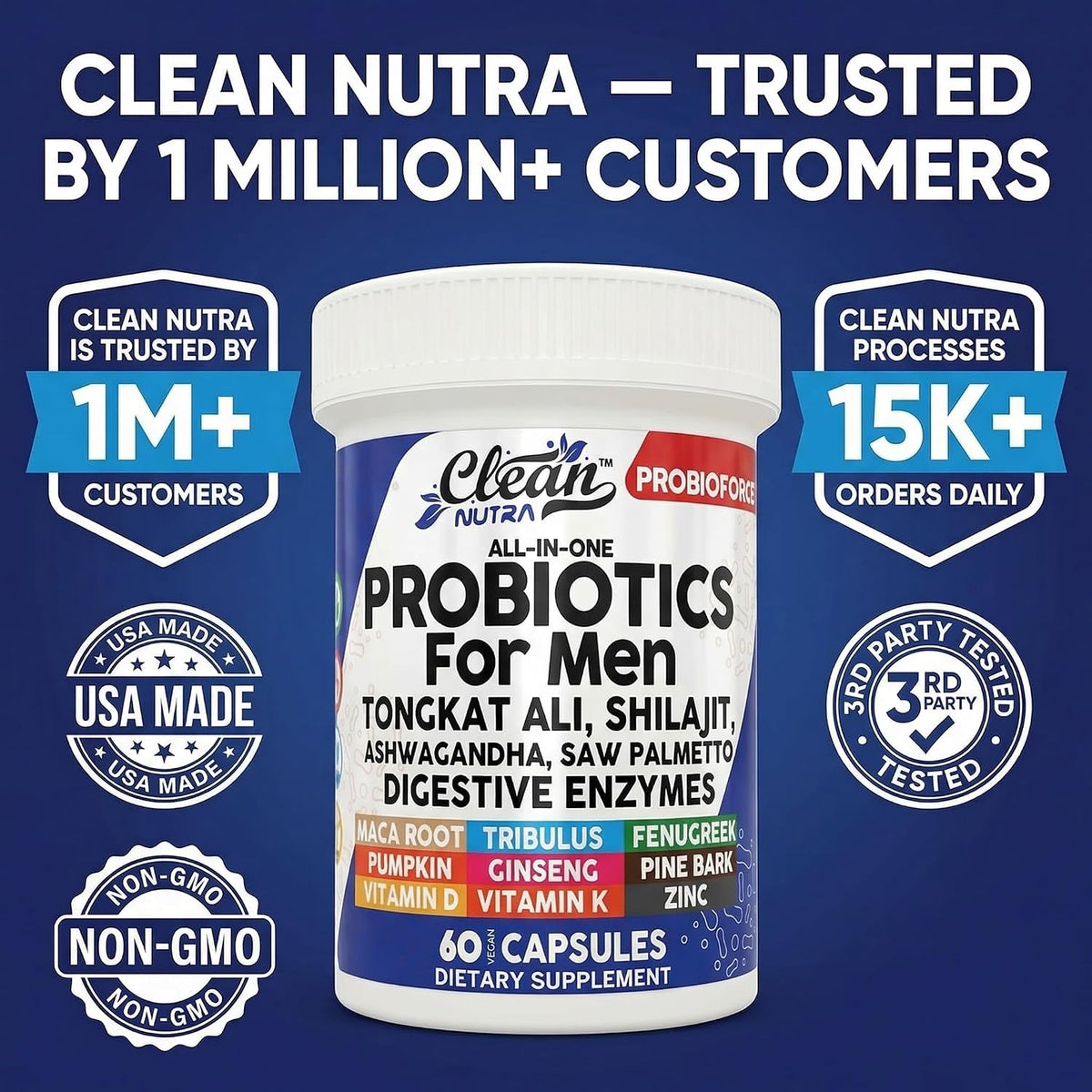Clean Nutra Men's Probiotic with Tongkat Ali, Ashwagandha & Shilajit - All-in-One Supplement - 60 Capsules - görsel 8