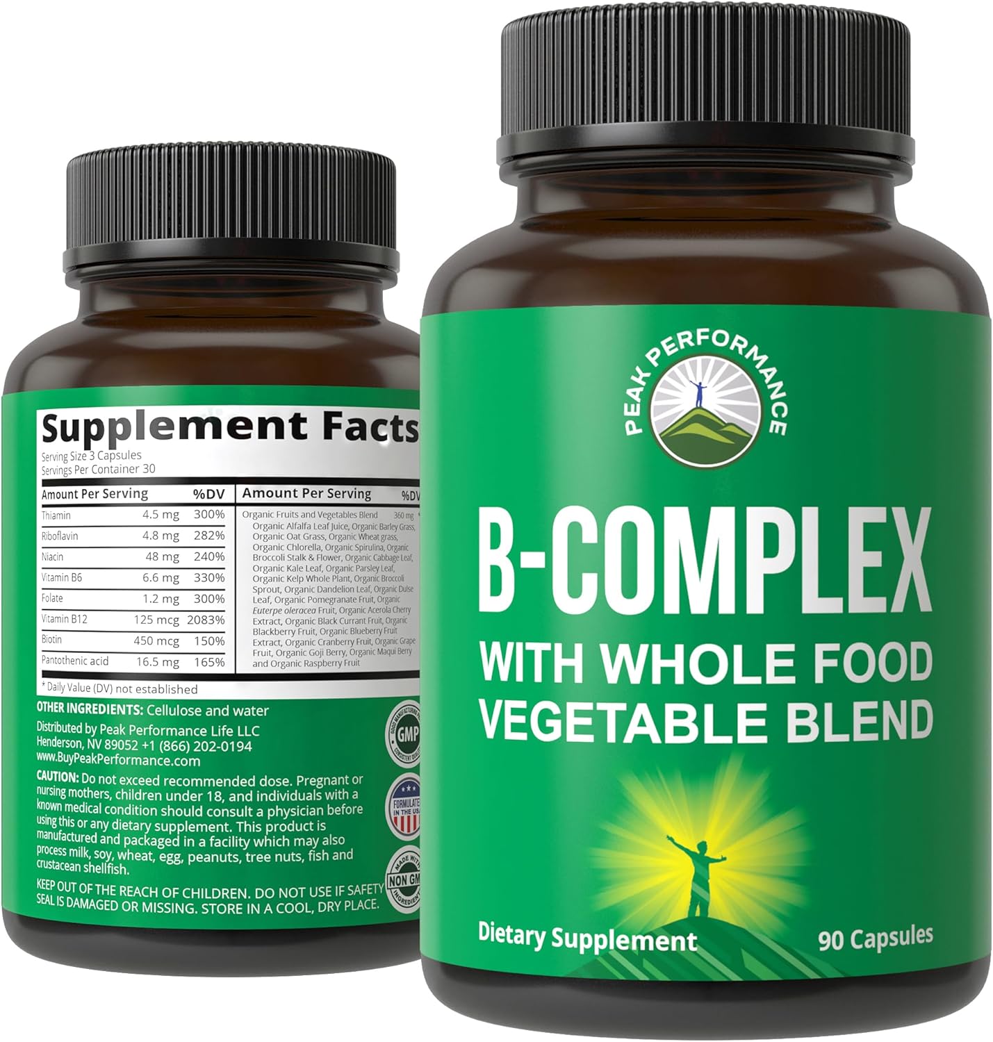Peak Performance Vitamin B Complex – Whole Food Blend with 25 Fruits and Vegetables, 90 Capsules - görsel 1