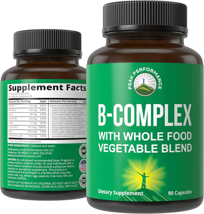 Peak Performance Vitamin B Complex – Whole Food Blend with 25 Fruits and Vegetables, 90 Capsules