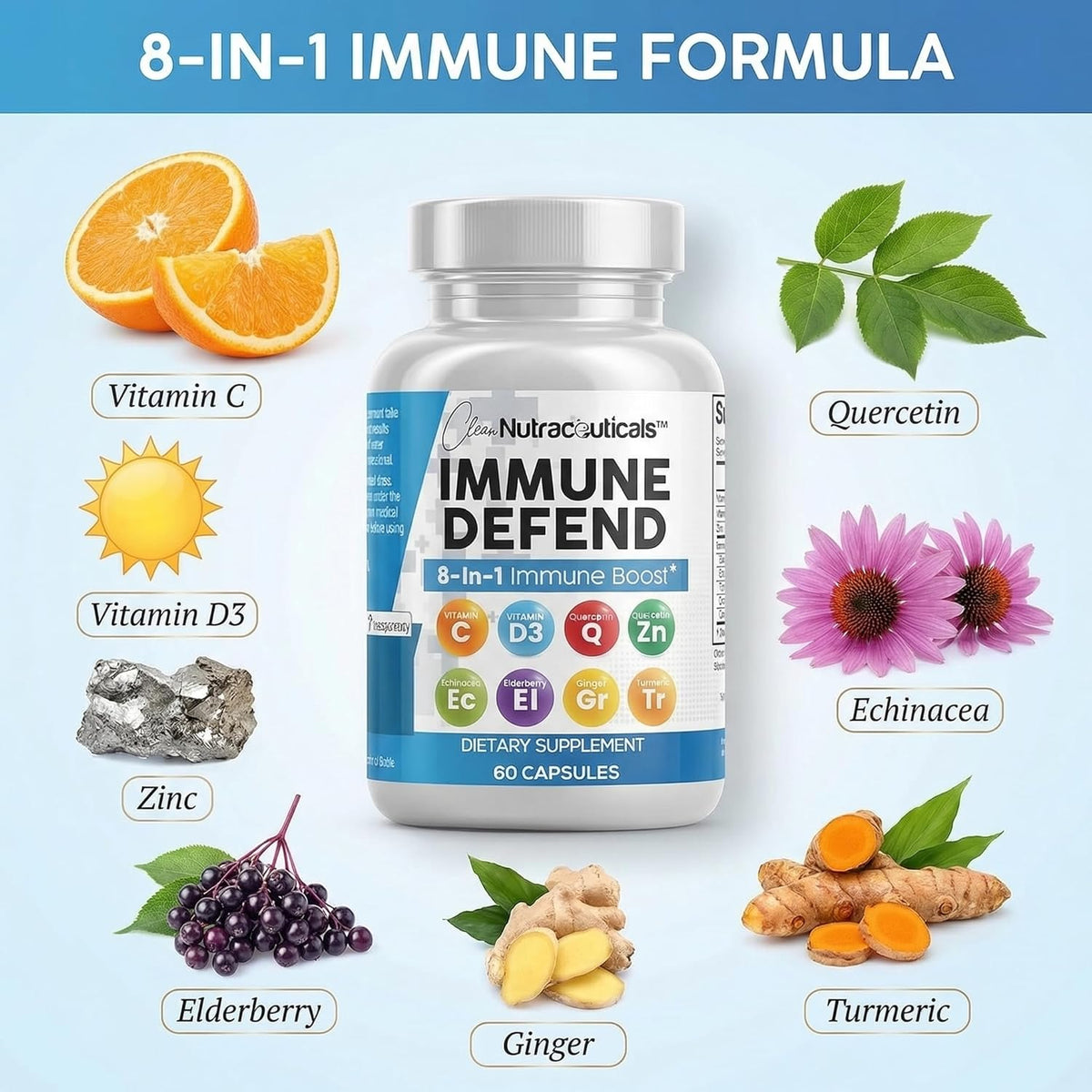 Clean Nutraceuticals Immune Defence Support Supplement 8 in 1 - 60 Capsules - görsel 4