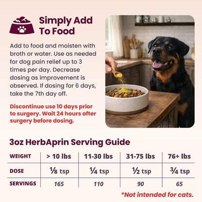 HerbAprin - Herbal Joint Support for Dogs, Organic Herb Blend for Arthritis, Aches, Pains and Mobility - 85g (90 Servings)