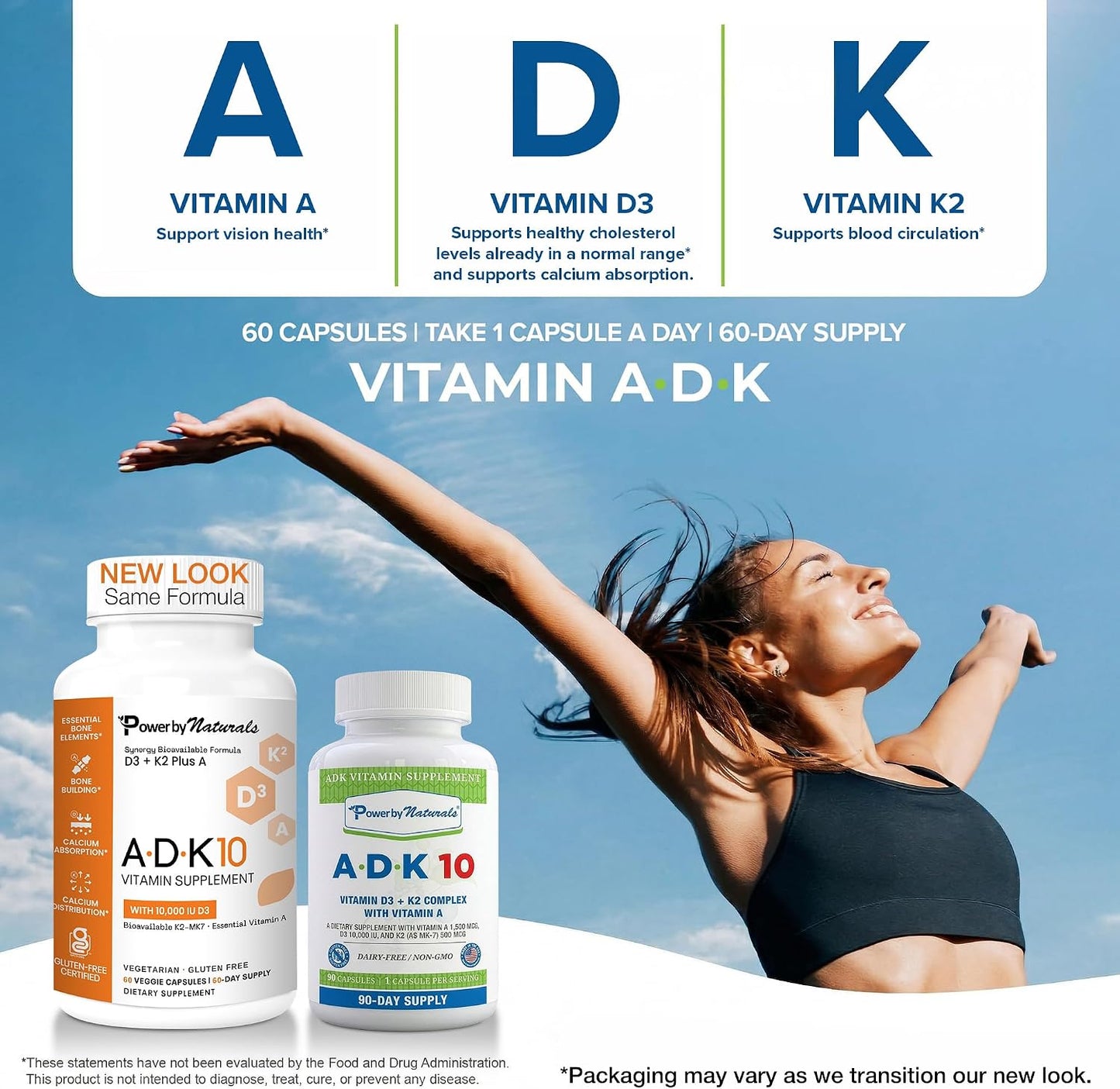 Power By Naturals ADK 10 Food Supplement - Vitamins A, D3 & K2 MK-7 - 90 Capsules - görsel 2