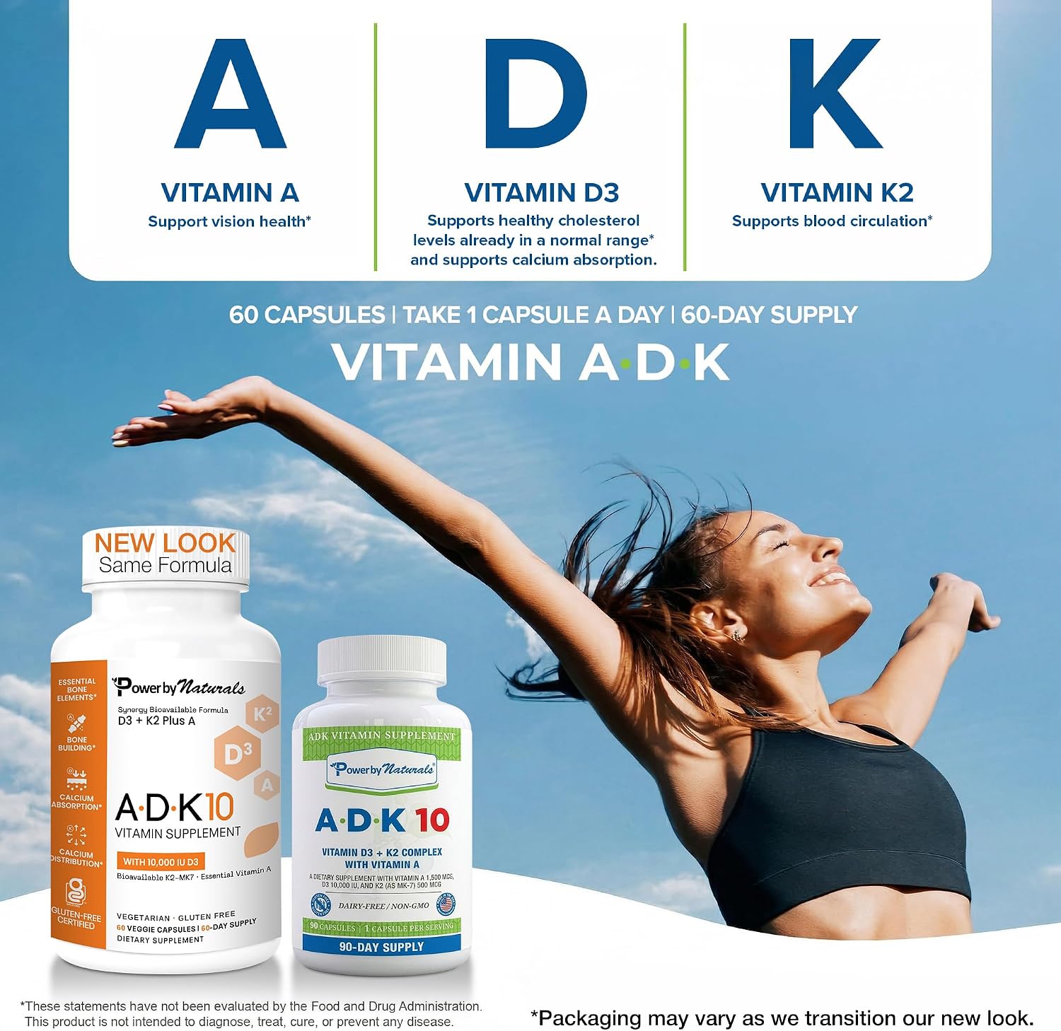Power By Naturals ADK 10 Food Supplement - Vitamins A, D3 & K2 MK-7 - 90 Capsules - görsel 2