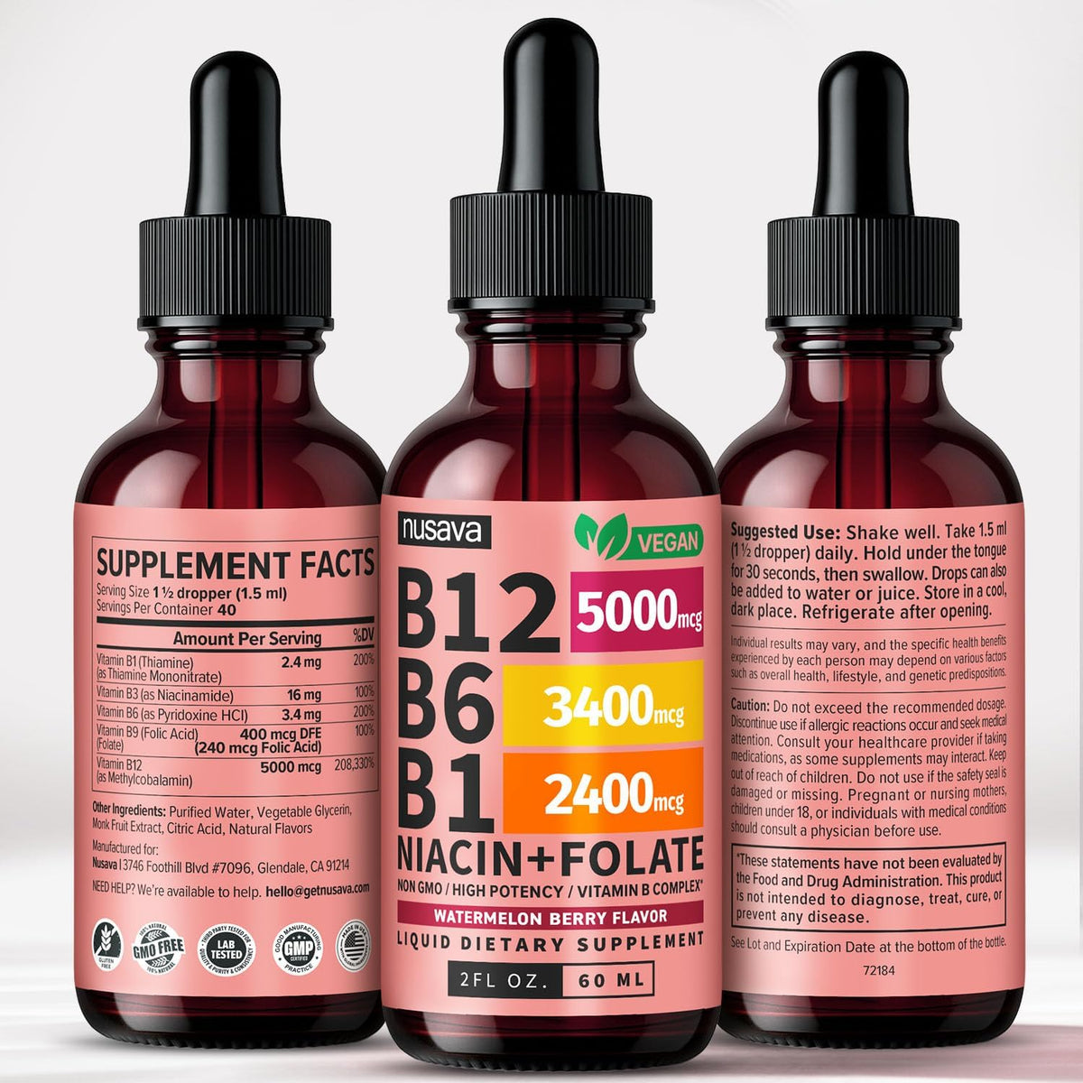 NUSAVA Vitamin B12 Liquid Drops 5000mcg – Sublingual B-Complex with B6, B1, Niacin, Folic Acid – Methylcobalamin for Energy & Immune Support – Vegan, Non-GMO, Watermelon (2 Pack, 60 ml) - görsel 9