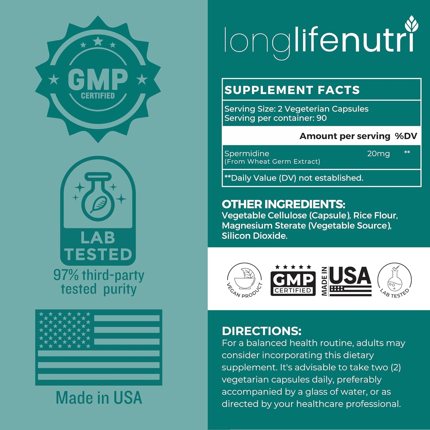 LongLifeNutri Spermidine 20mg - 180 Vegan Capsules (3-Month Supply) - görsel 2