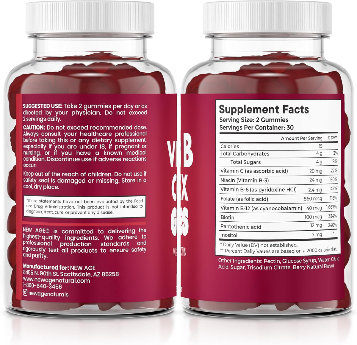 NEW AGE Vitamin B Complex Gummies with Vitamin B3, B6, & B12 – with Biotin, Folic Acid & Vitamin C – Gluten-free, Vegan, Made in the USA! (120 Count, Pack of 2) - görsel 8