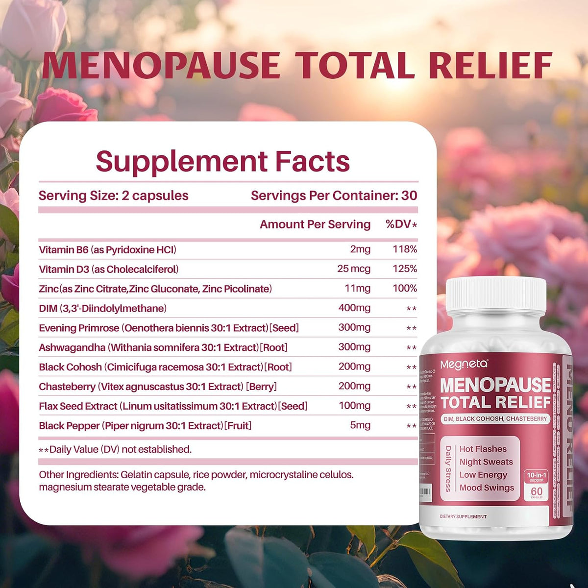 MEGNETA Menopause Care - with DIM, Black Cohosh, Chasteberry, Evening Primrose, Flaxseed & Ashwagandha, 60 Capsules - görsel 2