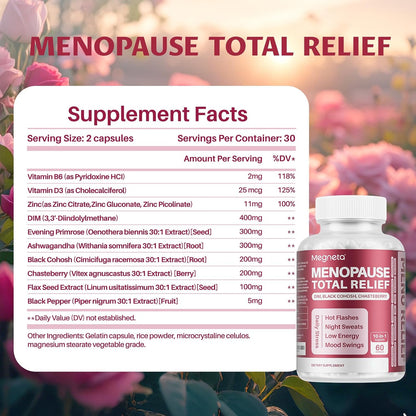 MEGNETA Menopause Care - with DIM, Black Cohosh, Chasteberry, Evening Primrose, Flaxseed & Ashwagandha, 60 Capsules