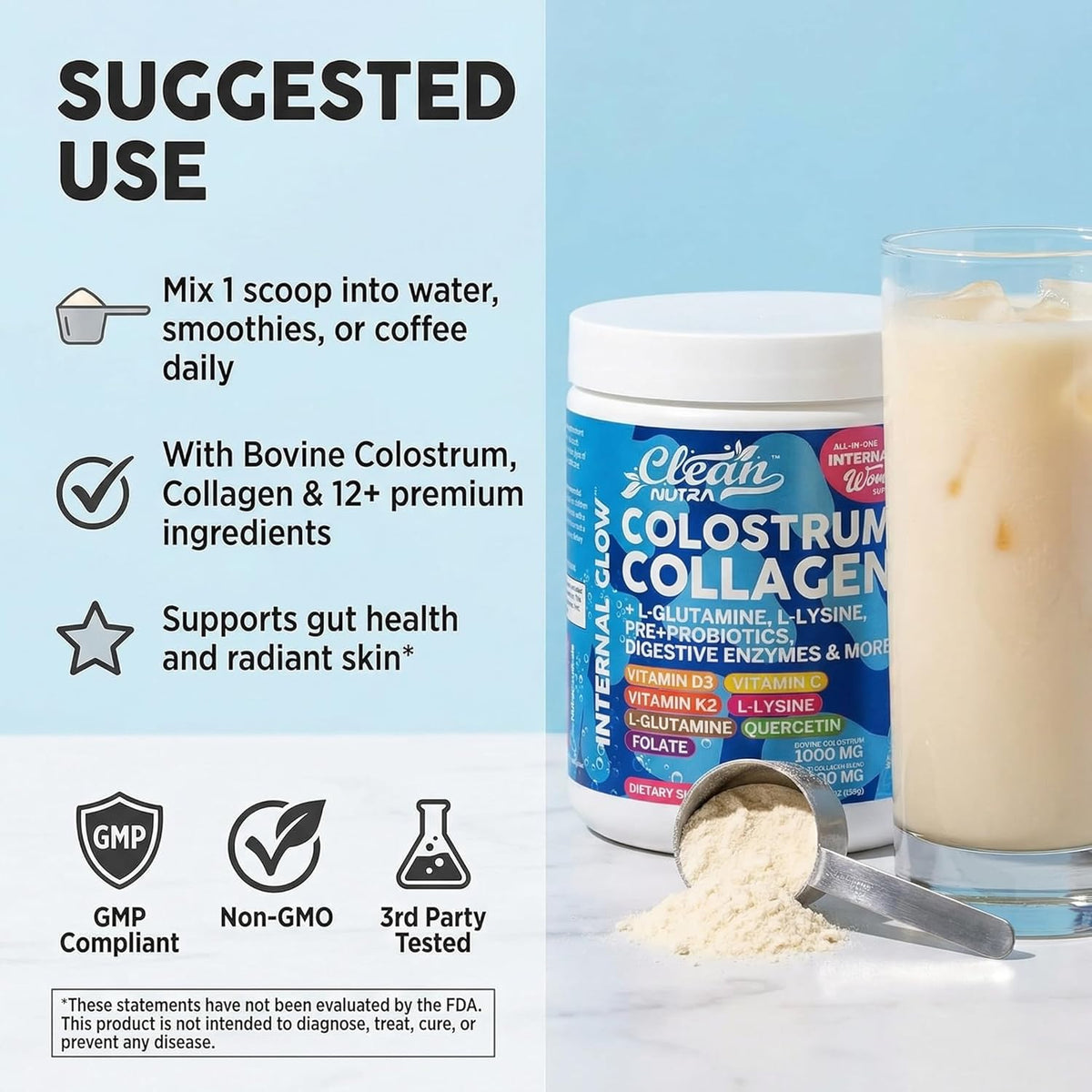 Bovine Colostrum Powder + Collagen Peptides with L-Glutamine, L-Lysine, Prebiotics, Probiotics, Digestive Enzymes, Vitamin D K2 C, Quercetin & Folate – Gut Health Supplement, Internal Glow by Clean Nutra - görsel 6