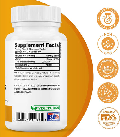 Vitamin D3 + K2 Chewables, Cherry Flavoured | 2000 IU Vitamin D, MK7 K2 (Menaquinone-7), Tablets, For Adults and Kids