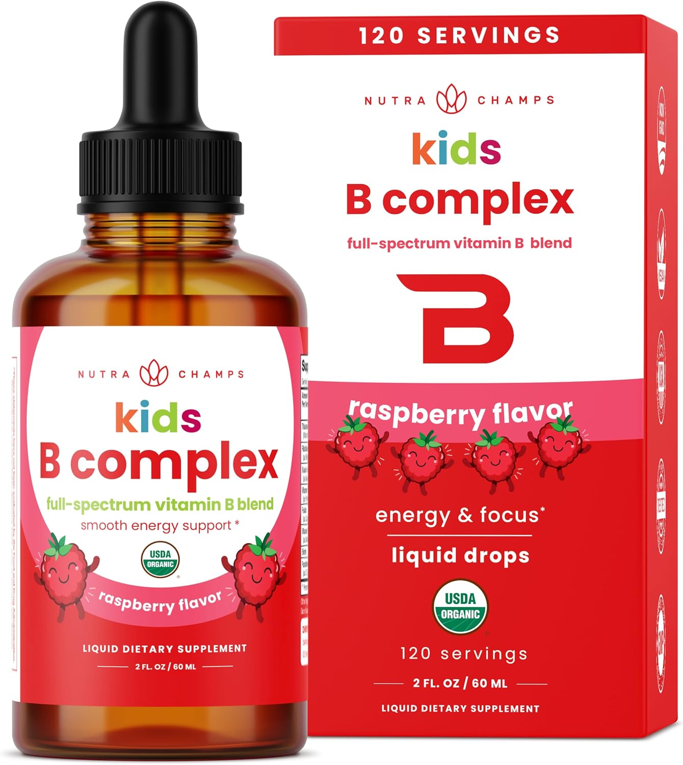 NutraChamps Organic Vitamin B Complex for Kids, B1, B2, B3, B6, B7, B9 & Methyl B12, Kids B Complex Liquid Drops Supplement, Energy, Focus, Metabolism, Natural Berry, 120 Servings, 4 Month Supply - görsel 1