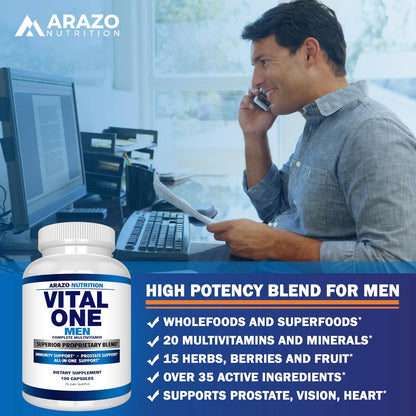 Arazo Nutrition Vital One Multivitamin for Men – Daily Wholefood Supplement (150 Vegan Capsules)