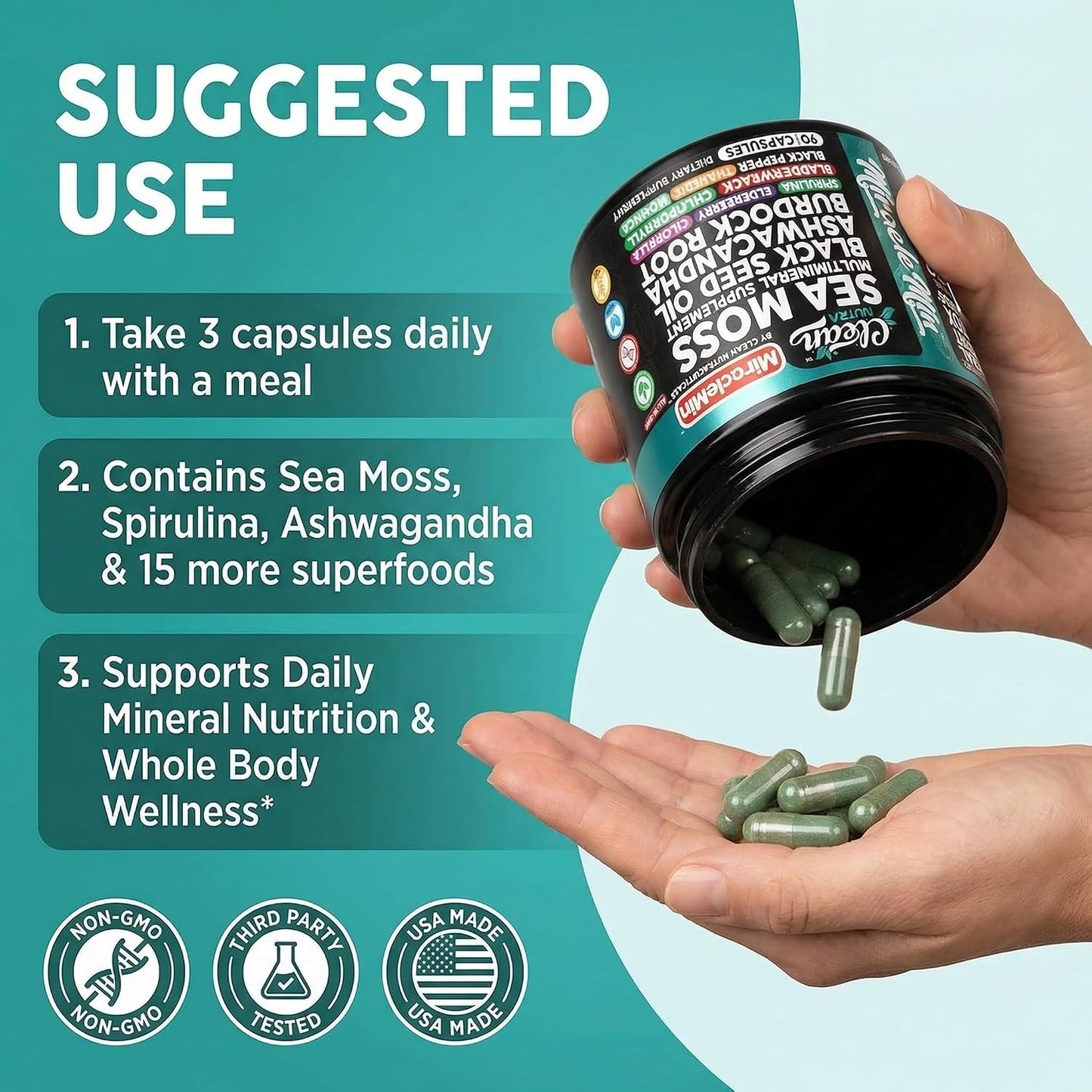 Clean Nutra Organic Sea Moss Capsules with Ashwagandha, Black Seed Oil, and Superfoods Blend – 90 Vegan Capsules - görsel 6