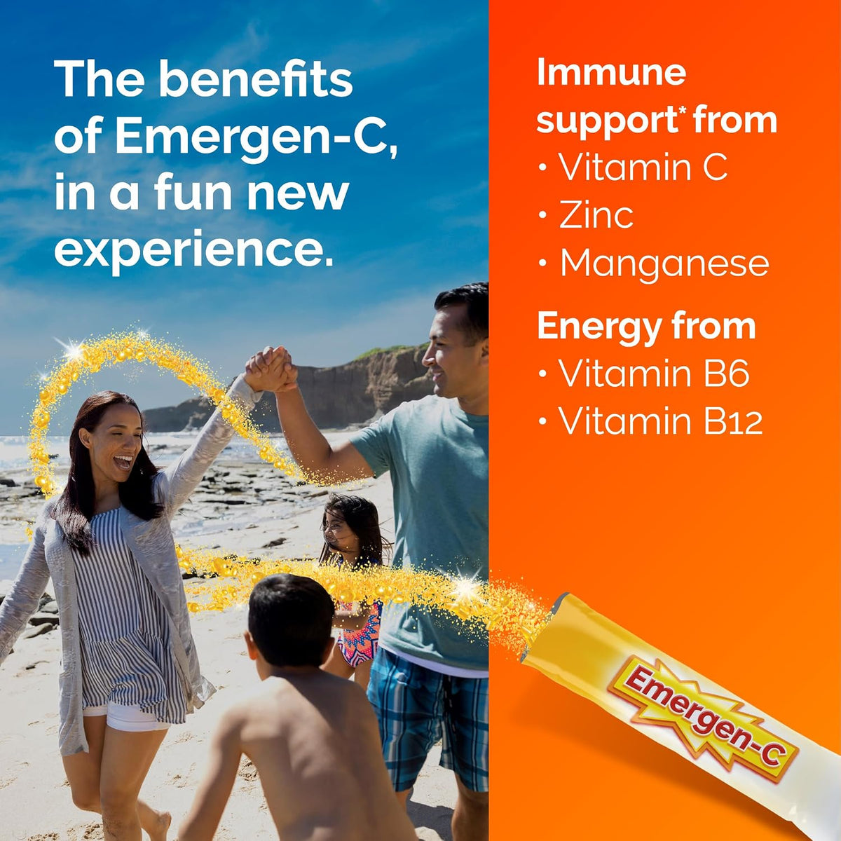 Emergen-C Crystals, On-the-Go Immune Support with Vitamin C, B Vitamins, Zinc and Manganese, Orange Vitality - 56 Stick Packs - görsel 4