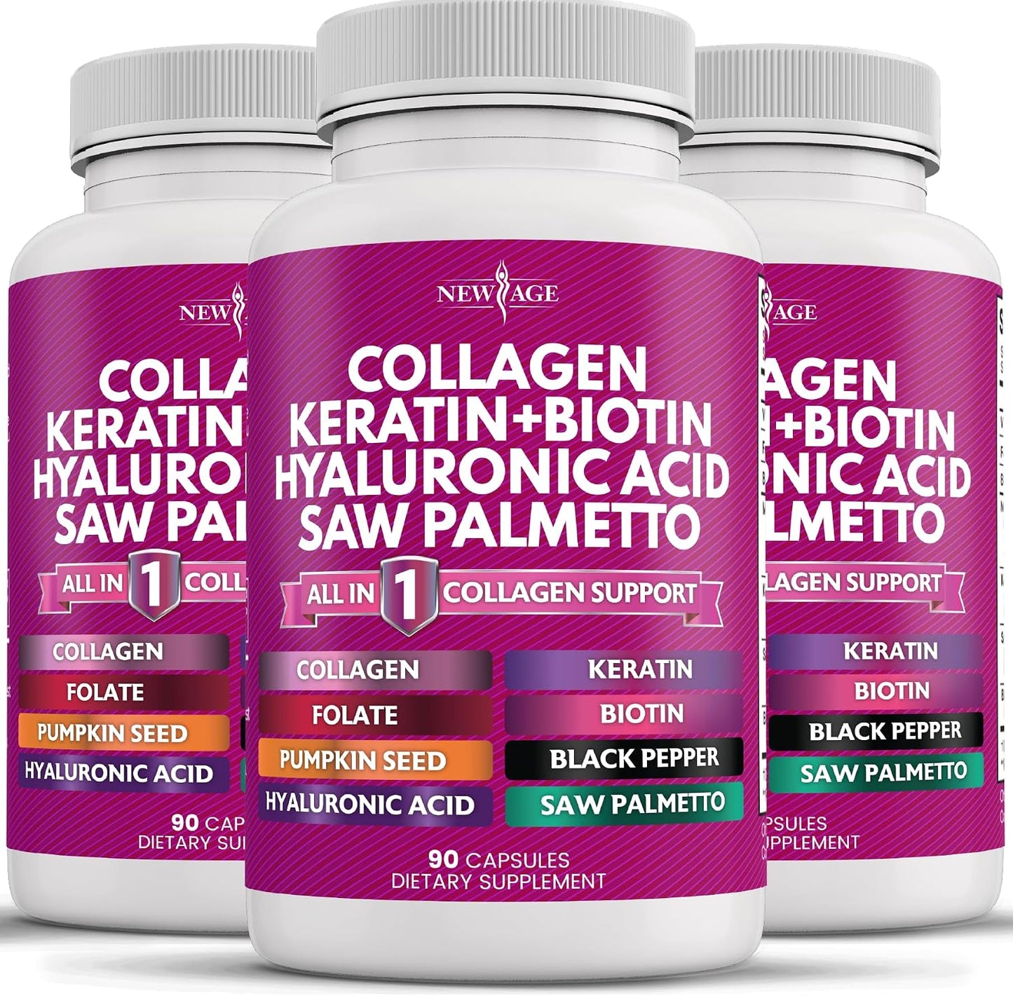 NEW AGE Collagen Capsules with Biotin, Keratin, Saw Palmetto, Hyaluronic Acid, Vitamin E, Folic Acid, Pumpkin Seed, MSM (Pack of 2, 180 Capsules) - görsel 9