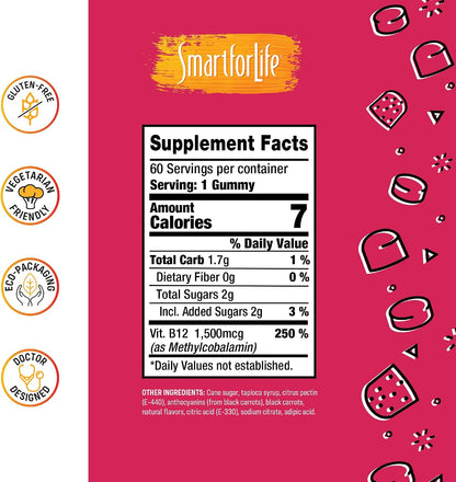 Smart for Life Vitamin B12 Gummy Vitamins, 1500 mcg – Raspberry Flavour – 60 Gummies