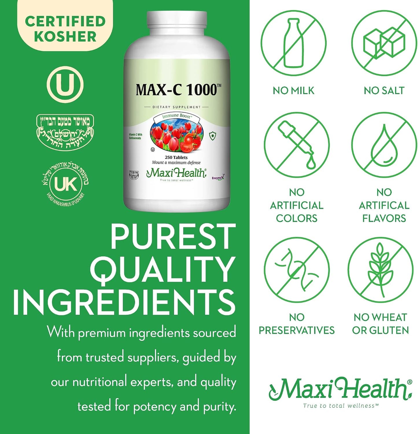 Maxi Health Vitamin C 1000 mg – Enhanced with Lemon Bioflavonoids & Enzymax – 250 Tablets - görsel 6