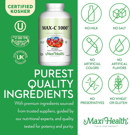Maxi Health Vitamin C 1000 mg – Enhanced with Lemon Bioflavonoids & Enzymax – 250 Tablets