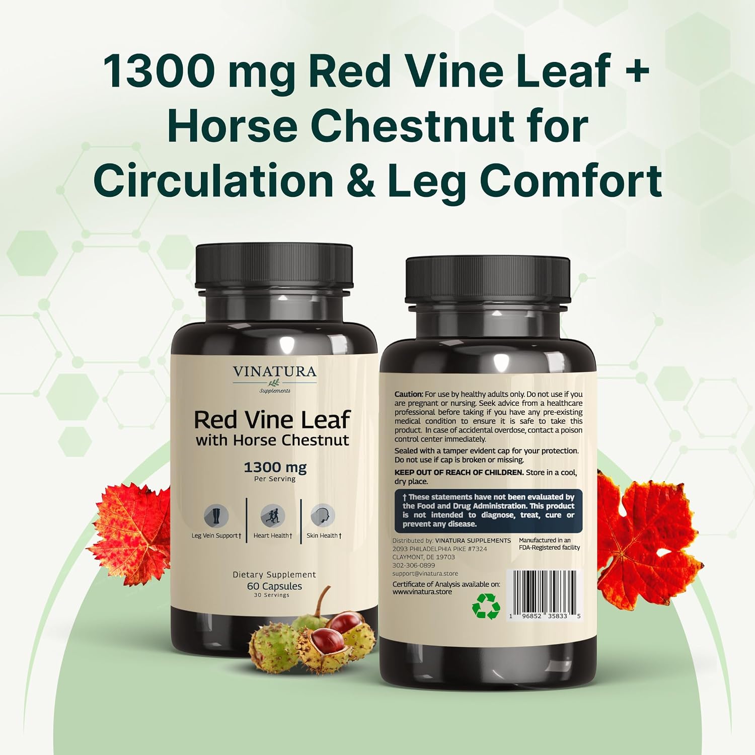 VINATURA Red Vine Leaf Extract with Horse Chestnut - 1300 mg per Serving for Vein and Circulation Support (60 Capsules) - görsel 8
