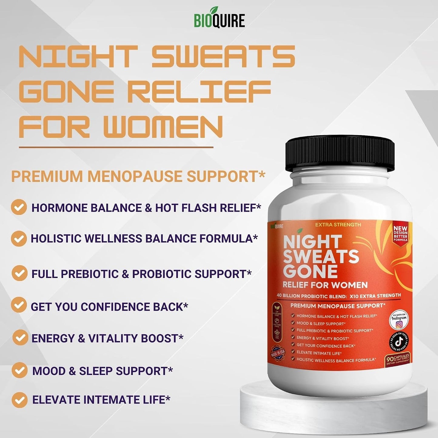 BIOQUIRE Night Sweats Gone - Menopause Relief for Women - 40 Billion Probiotic Blend - 90 Capsules - görsel 4