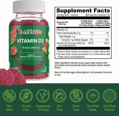 YUM-V's Chewable Vitamin D Gummies for Children - 1000 IU Vitamin D3 - 60 Gummies