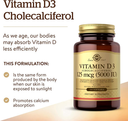 Solgar Vitamin D3 (Cholecalciferol) 125 mcg (5000 IU), 100 Softgels – Bone and Immune Support