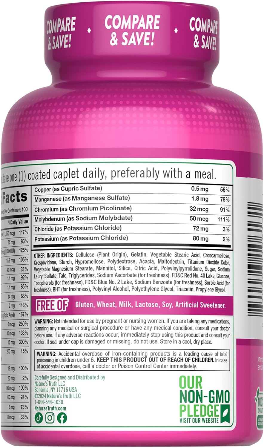 Nature's Truth Multivitamin for Women with Iron | 100 Coated Caplets | Non-GMO & Gluten-free - görsel 7